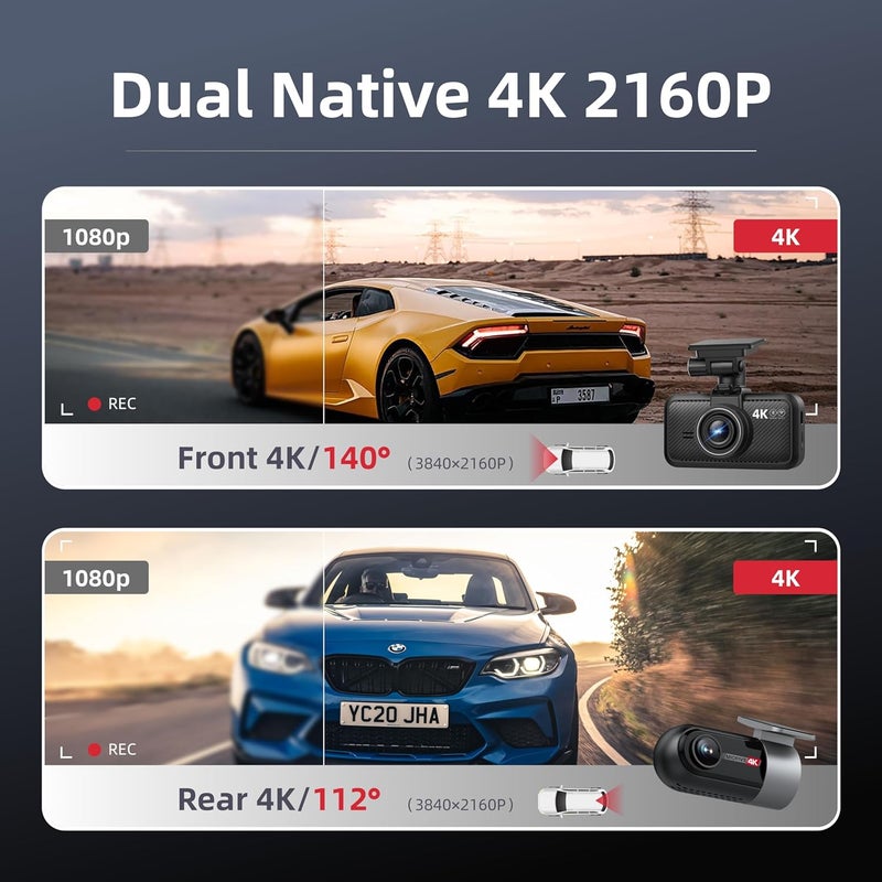 MIOFIVE Dash Cam Car Front Rear 4K+4K WiFi Bluetooth Dash Cam with 64GB SD Card, Dual Car Camera with Parking Monitoring, Super Night Vision, HDR, G-Sensor, Loop Recording, App Control, Max 512GB - Image 2